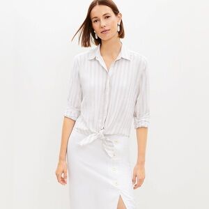 LOFT Striped Tie Front Linen Blend Shirt